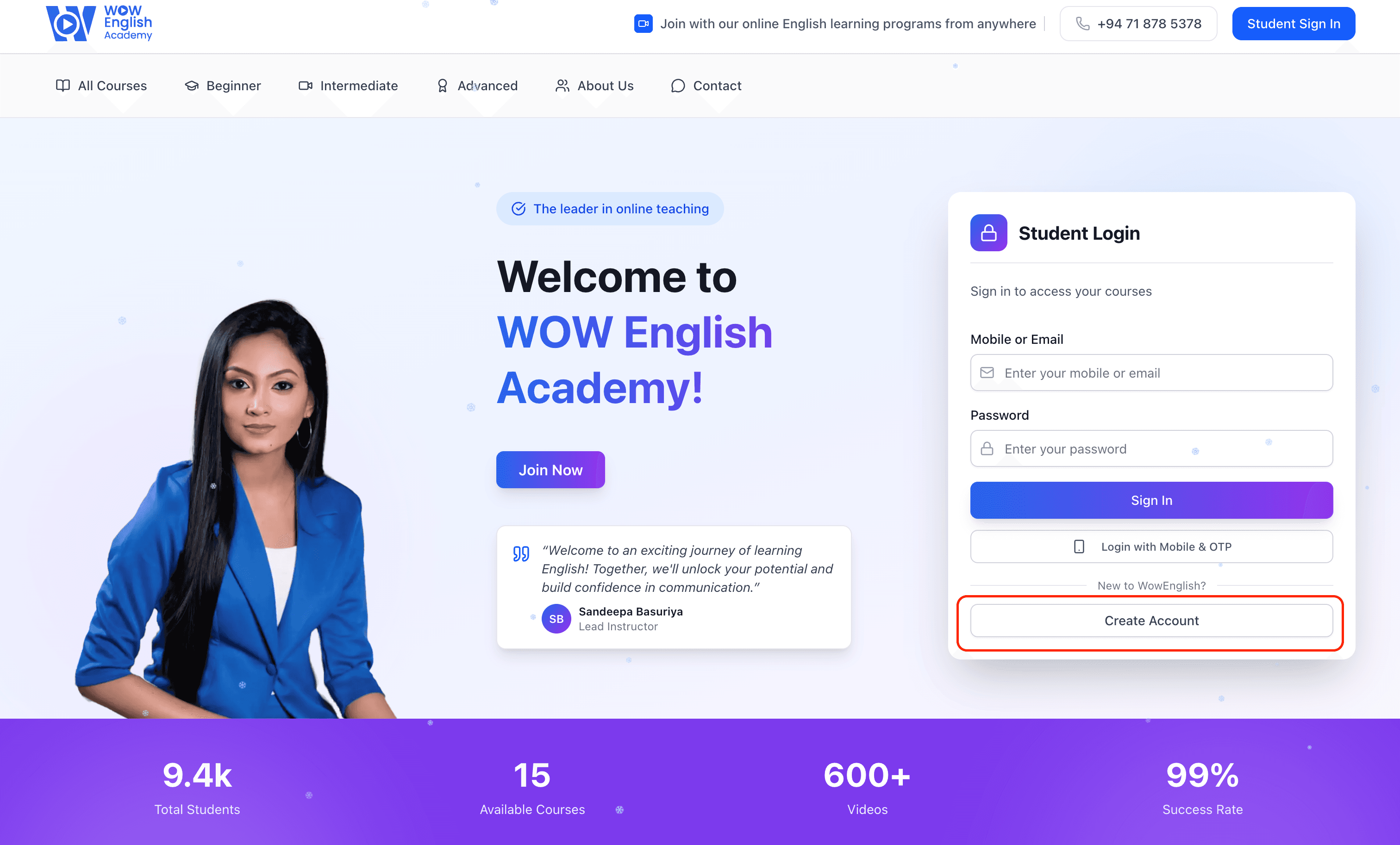 1. මුල් පිවුවේ (Home Page) ඇති Create Account බට්න් එක click කරන්න. පහත පෙනෙන Student Registration පිටුවට දැකගත හැක.